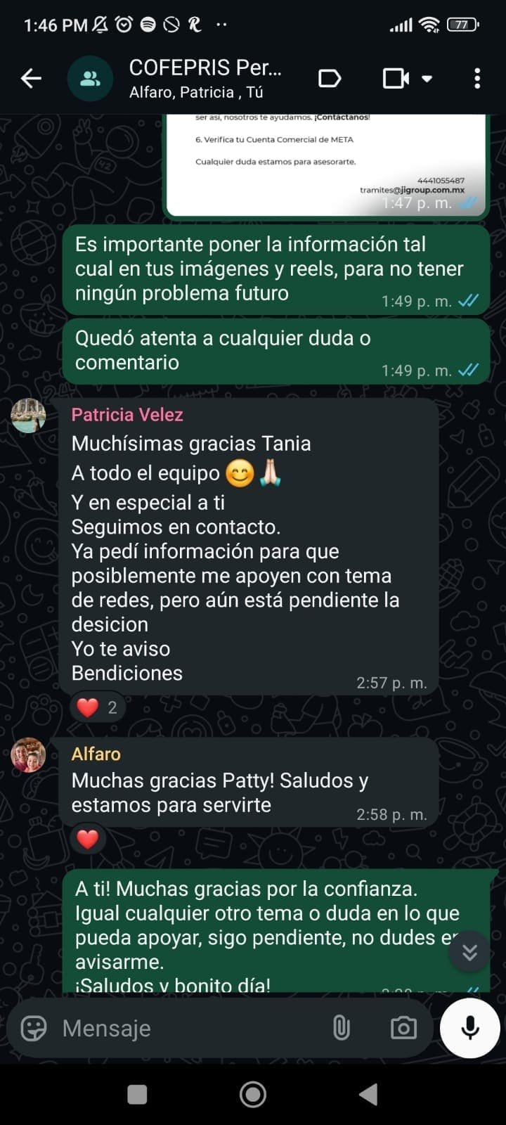 Conversación real de acompañamiento en trámite COFEPRIS 3